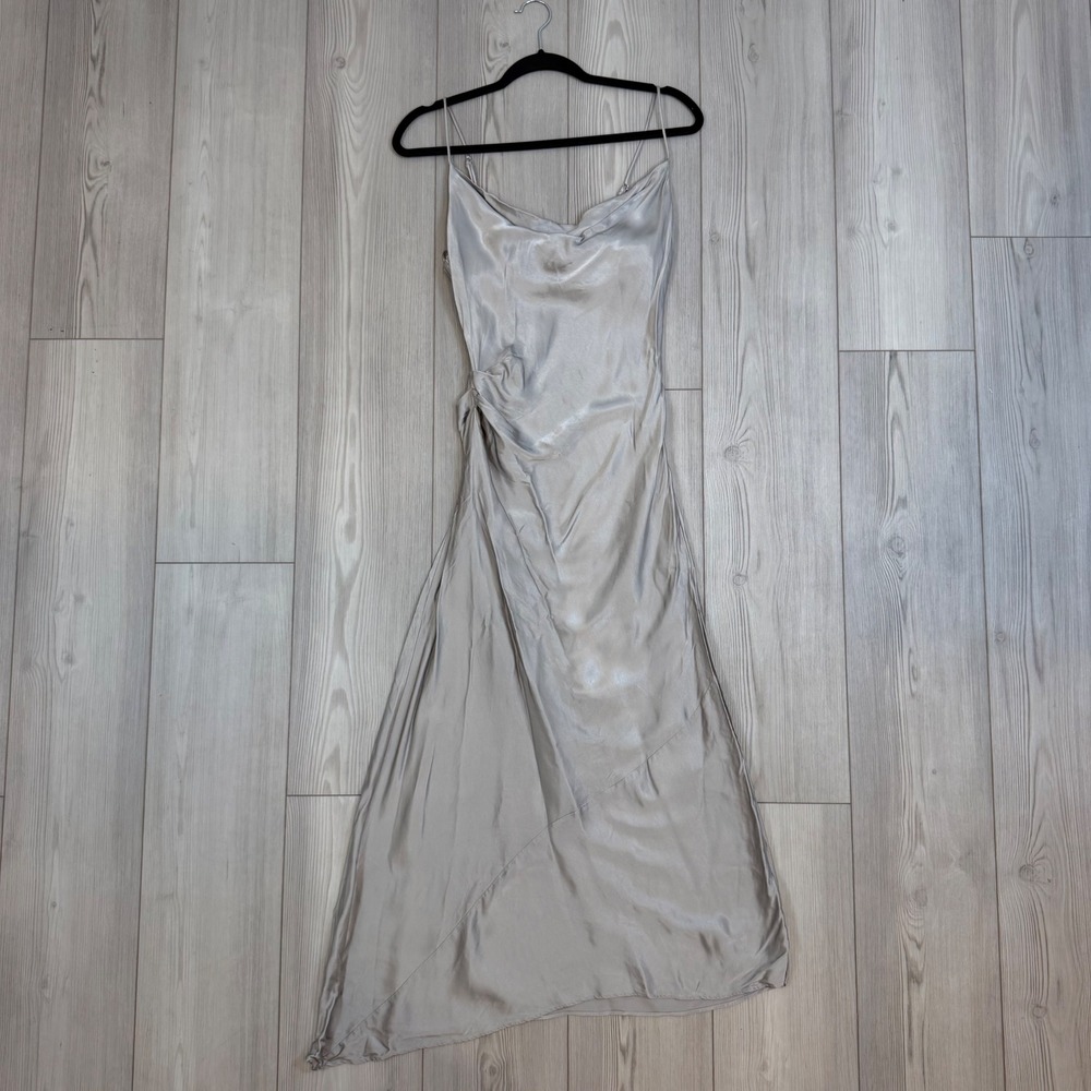 Zara Silver Satin Cowl Neck Midi Dress Asymmetrical Hem Open Back 9479/274 S